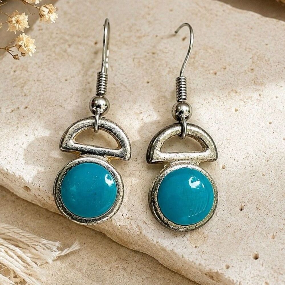 Vintage Silver Tone Turquoise Color Drop Dangle Earrings Boho Southwest